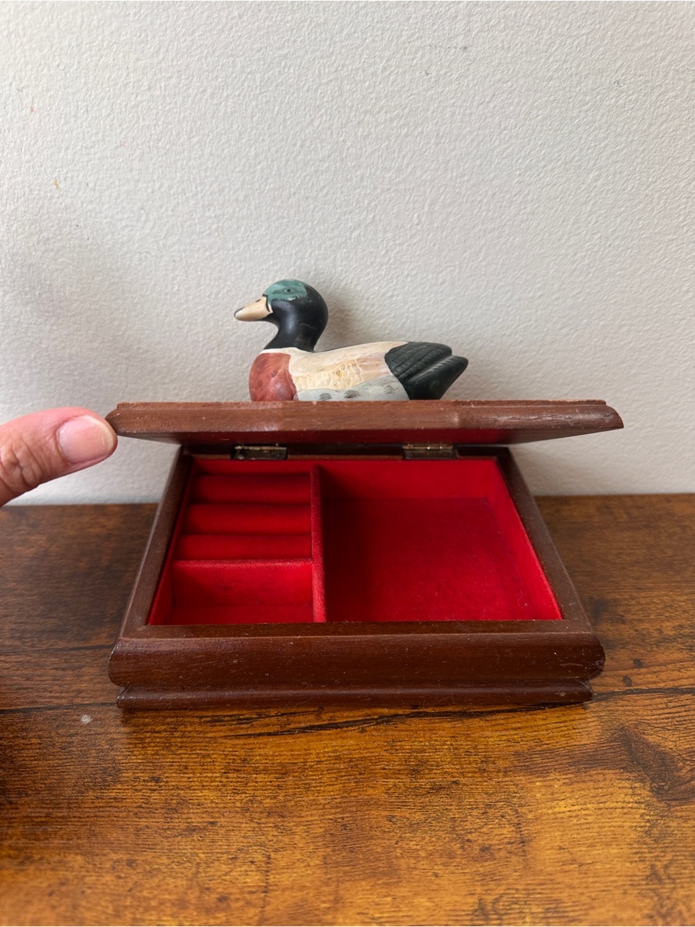 Hand-Painted Wooden Duck Figurine in Green, Black, Red and Cream - Picture 7 of 7